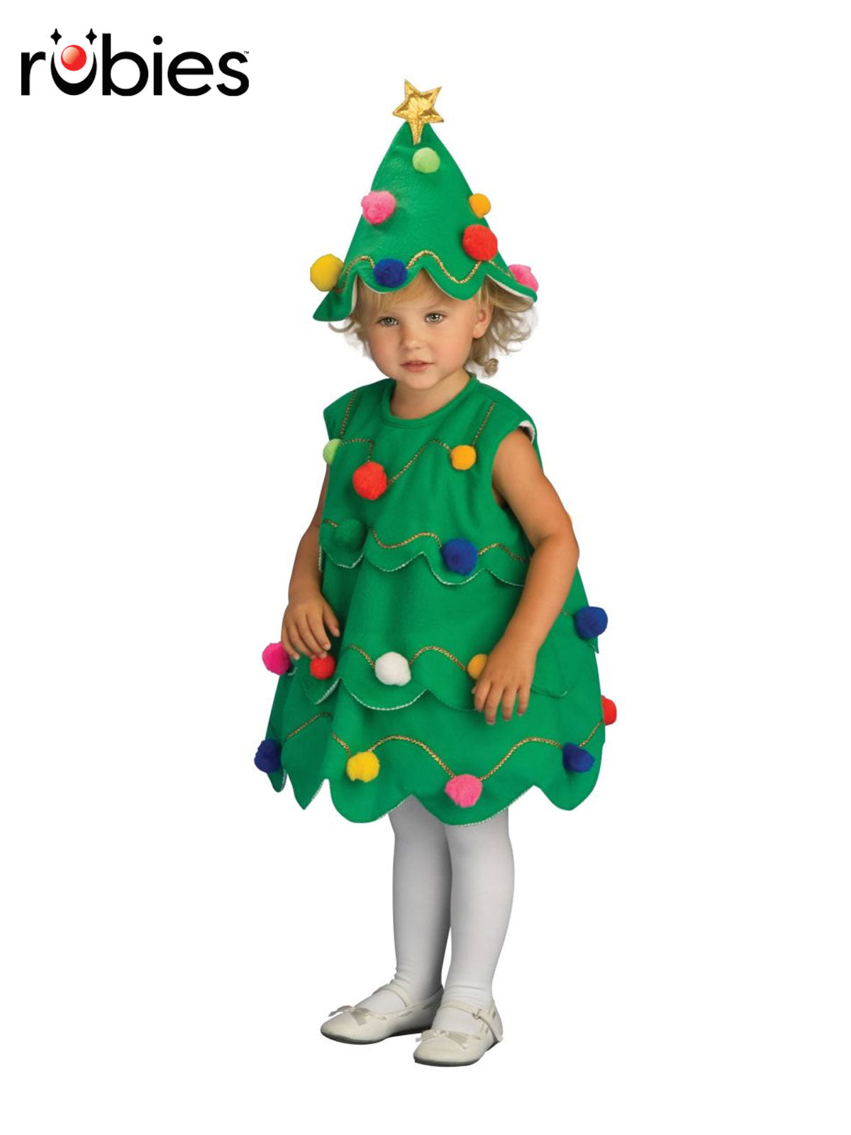 Christmas Tree Festive Costume Dress for Kids with Hat Pom Poms and Star
