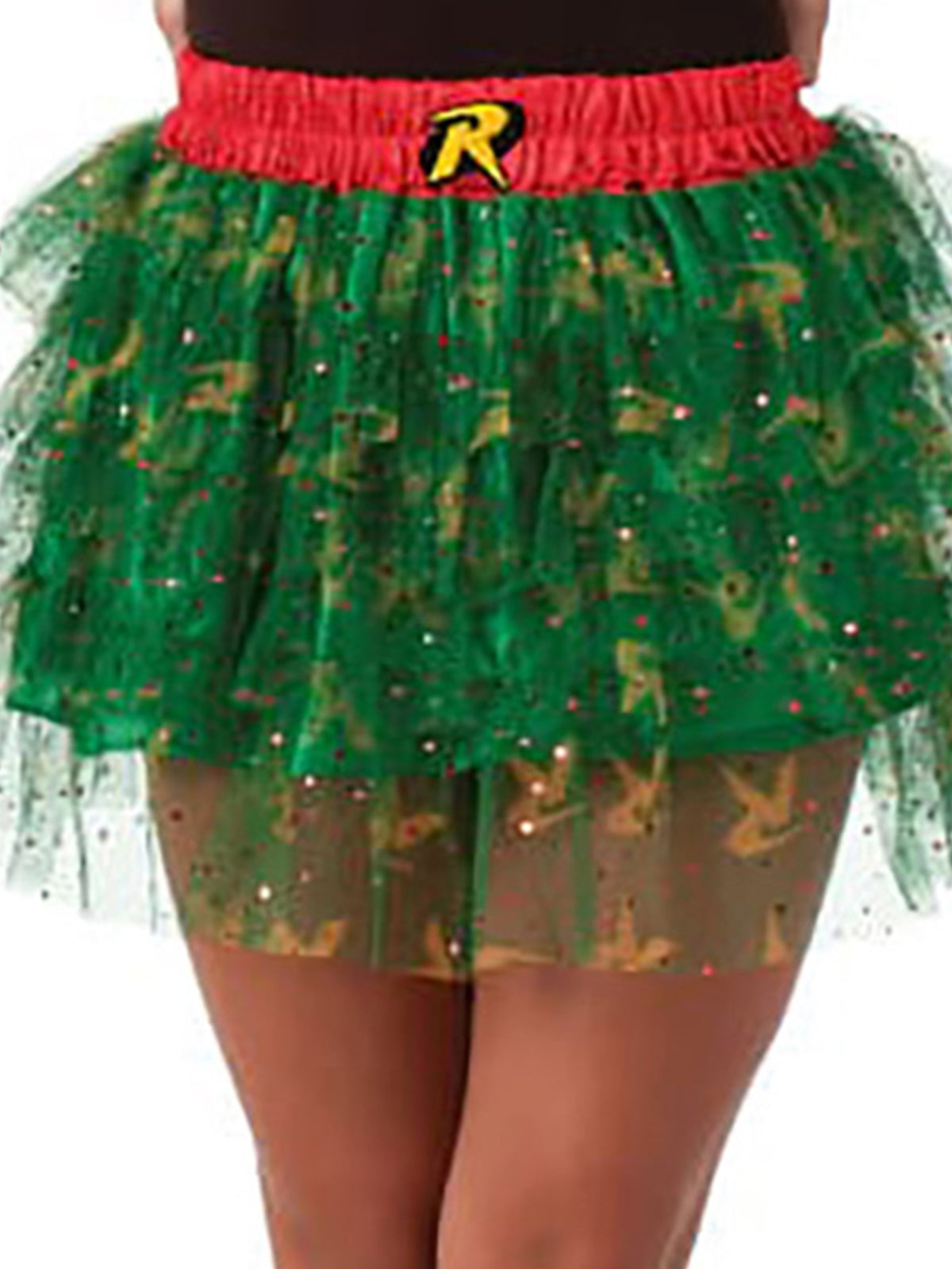 DC Comics Robin Girls Tutu Skirt with Glitter Tulle Layers and Logo Print - Red &amp; Green Colour