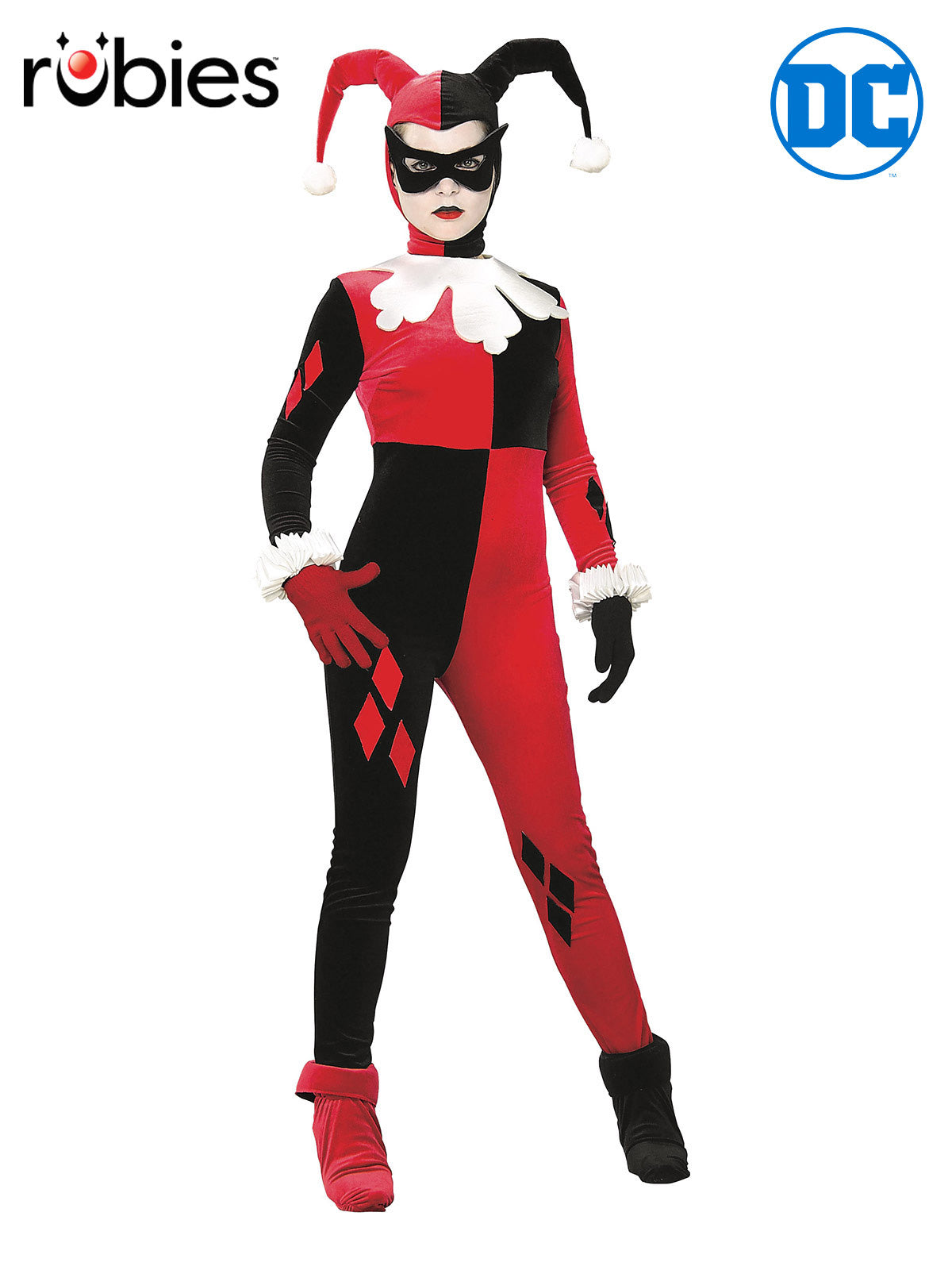 Harley Quinn Comic Book Jumpsuit Costume for Adults with Mask, Gloves and Headpiece