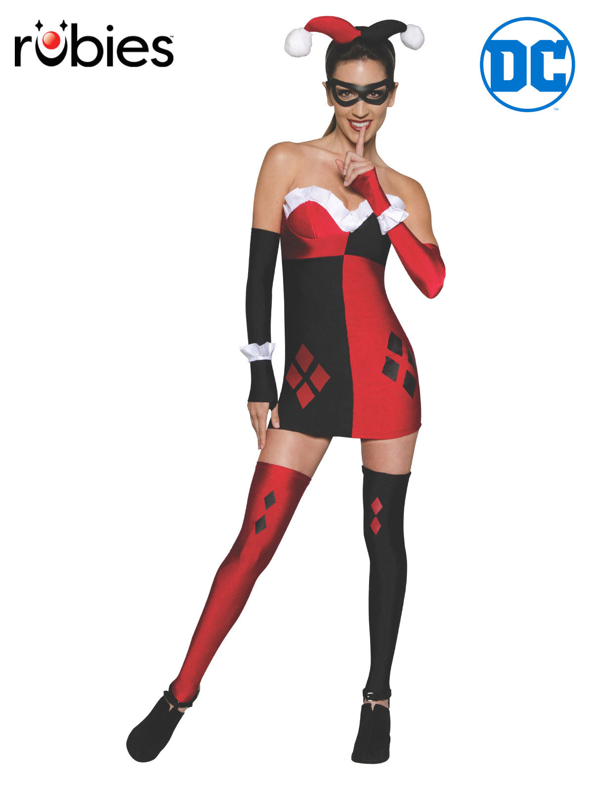 Harley Quinn Adult Dress Costume – Dress, Glovelets, Thigh Highs, Mask and Headband