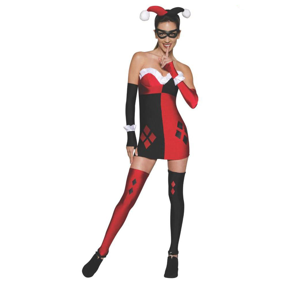 Harley Quinn Adult Dress Costume – Dress, Glovelets, Thigh Highs, Mask and Headband