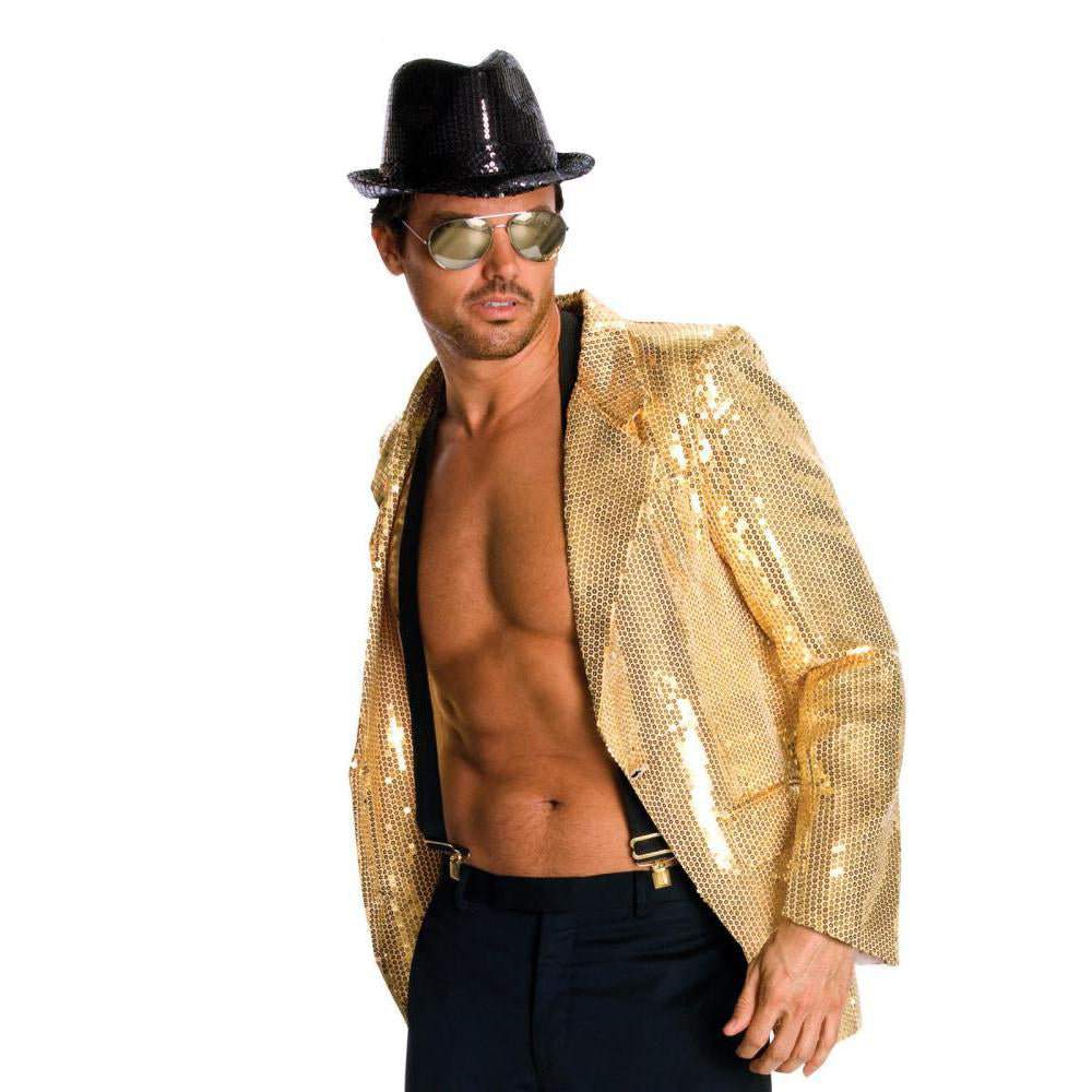 Mens Sequin Disco Jacket Costume Fancy Dress Party Outfit - Gold