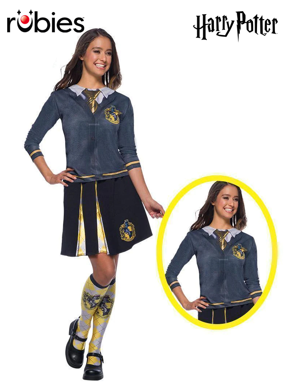 Harry Potter Hufflepuff Costume Top for Adults with Printed Cardigan