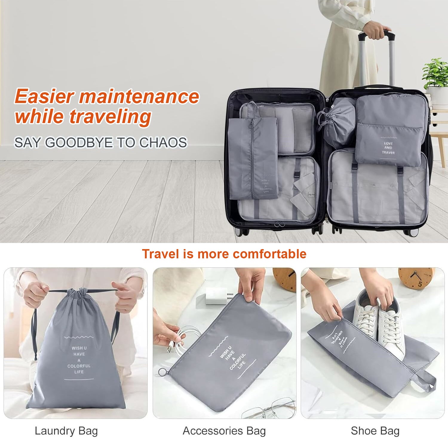 Hivvago 7-Piece Travel Organizer Set – Lightweight Packing Bags for Luggage, Grey