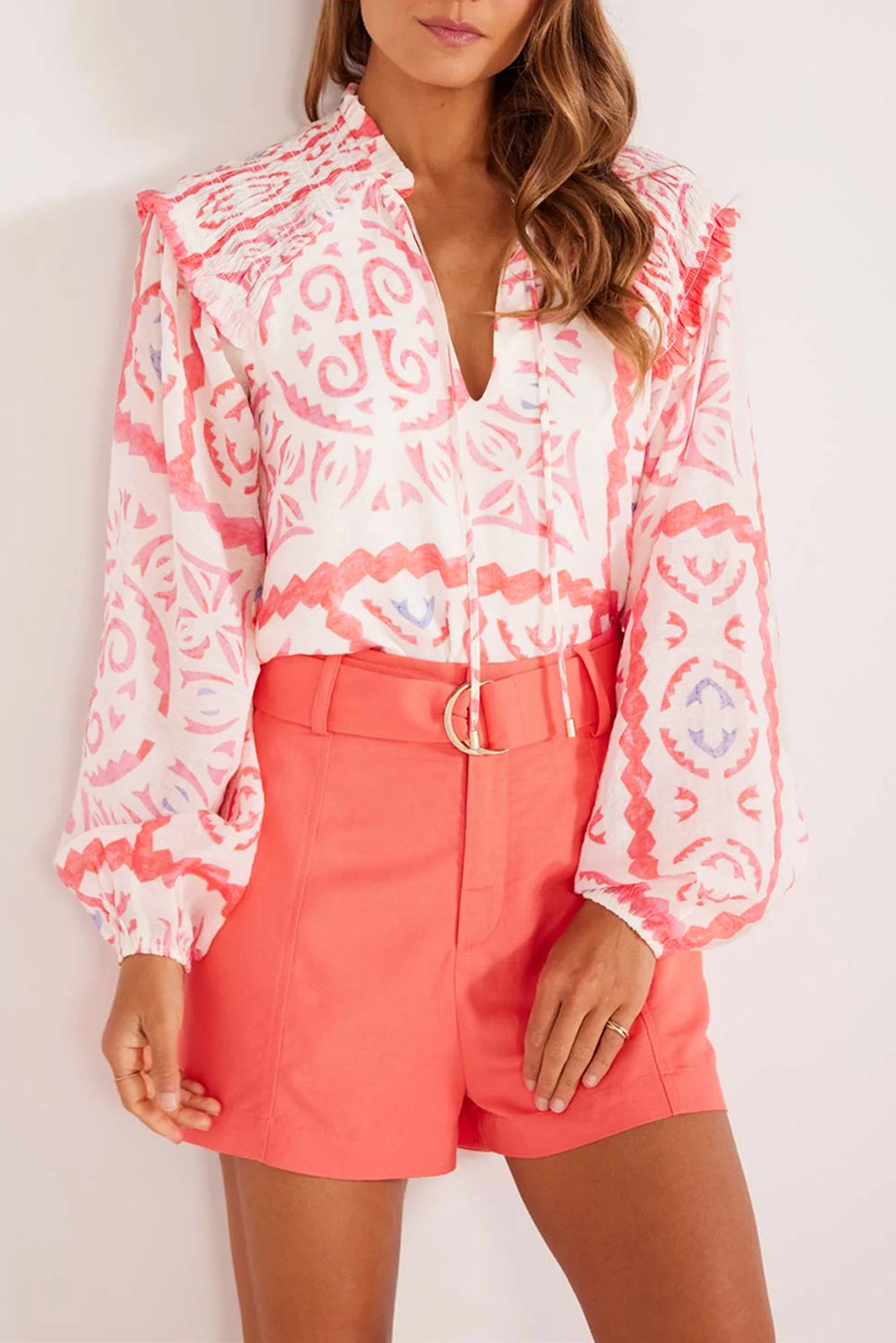 Desert Flower Vintage Print Smocked Poet Collar Blouson Sleeve Blouse