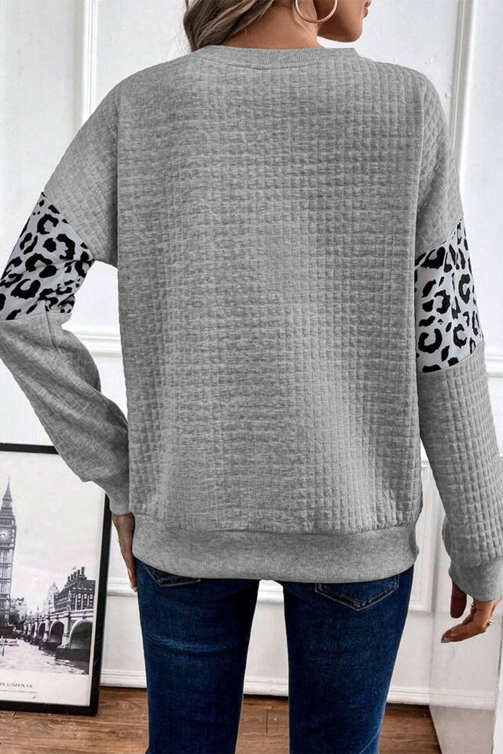 Leopard Quilted Patchwork Crew Neck Casual Sweatshirt
