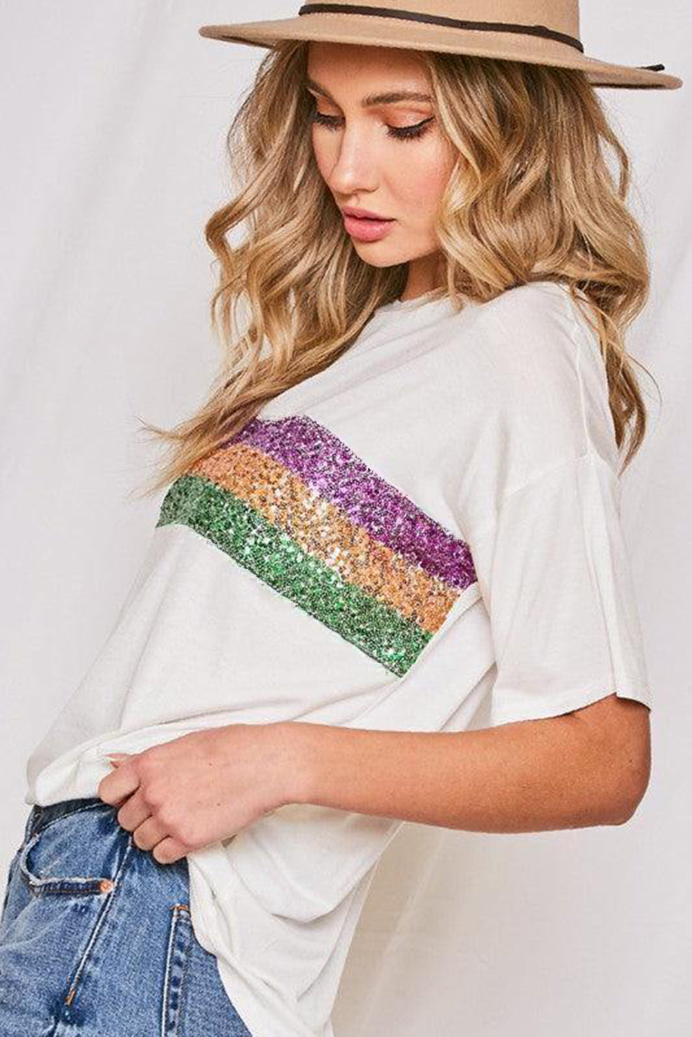 Black Sequin Stripes Patchwork Mardi Gras Crew Neck Women’s T-Shirt