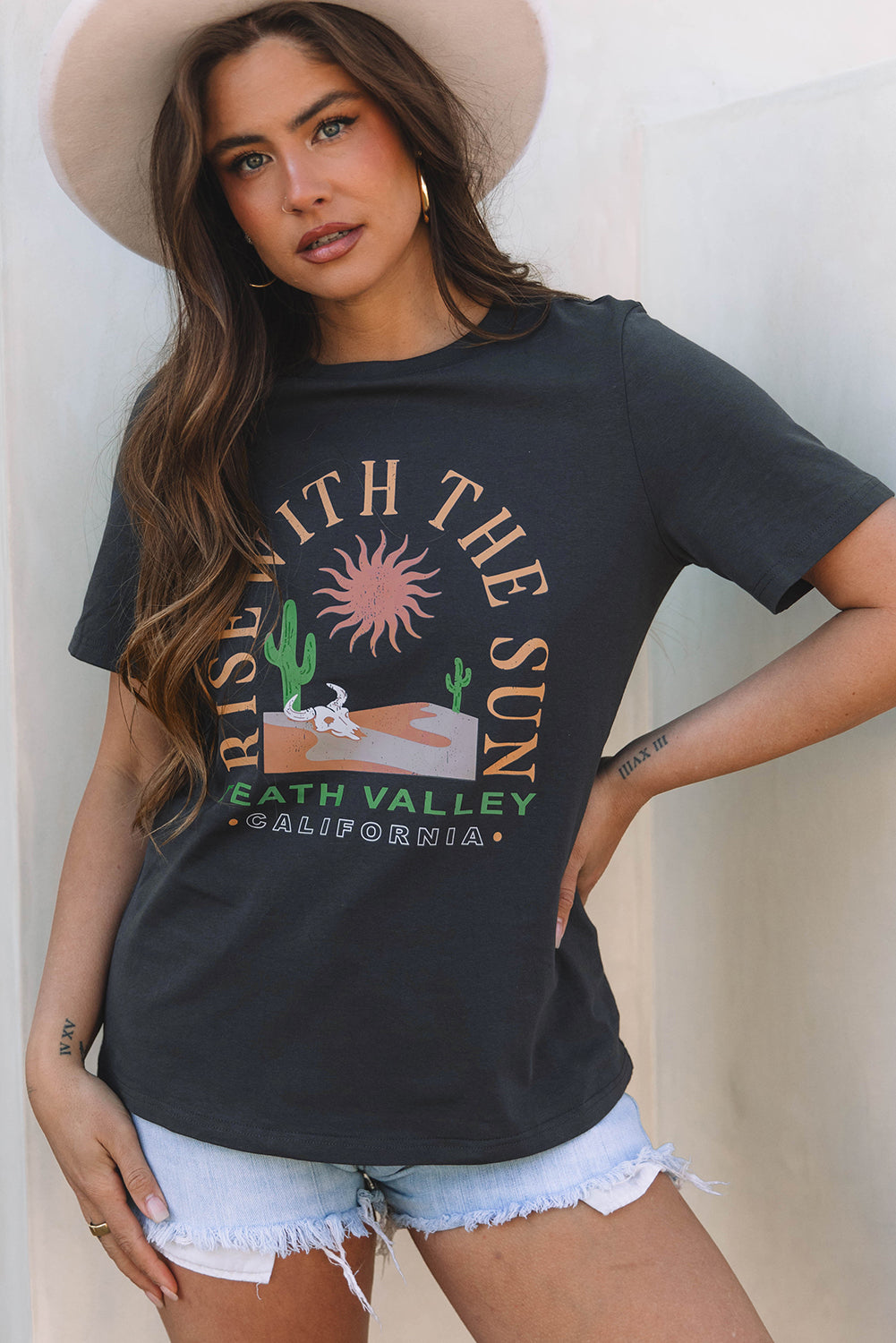 Dark Grey "Rise With The Sun" Western Graphic Tee for Women