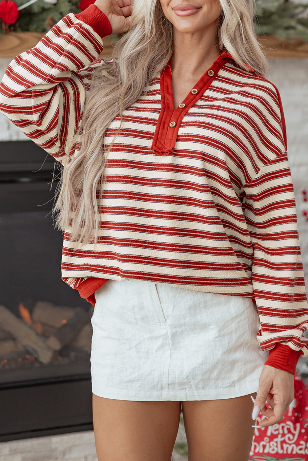 Red Stripe Buttoned V Neck Collared Drop Shoulder Top