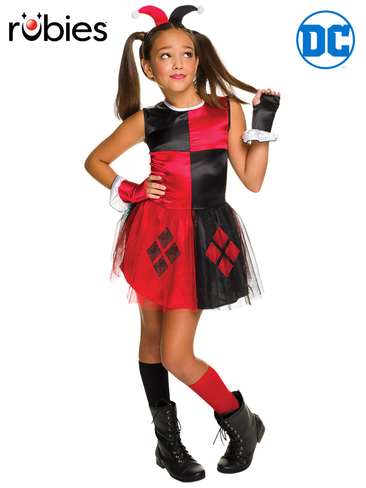 Harley Quinn Kids Costume Dress with Tutu &amp; Headband Official DC Comics – Red Colour