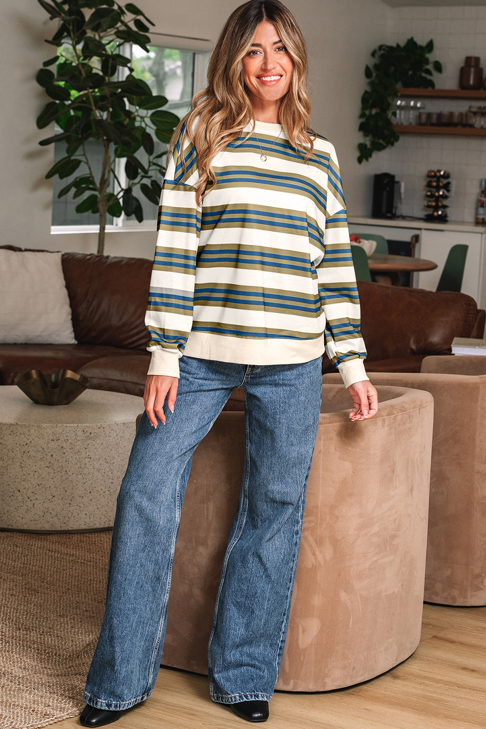 Khaki Stripe Crew Neck Drop Shoulder Pullover Sweatshirt