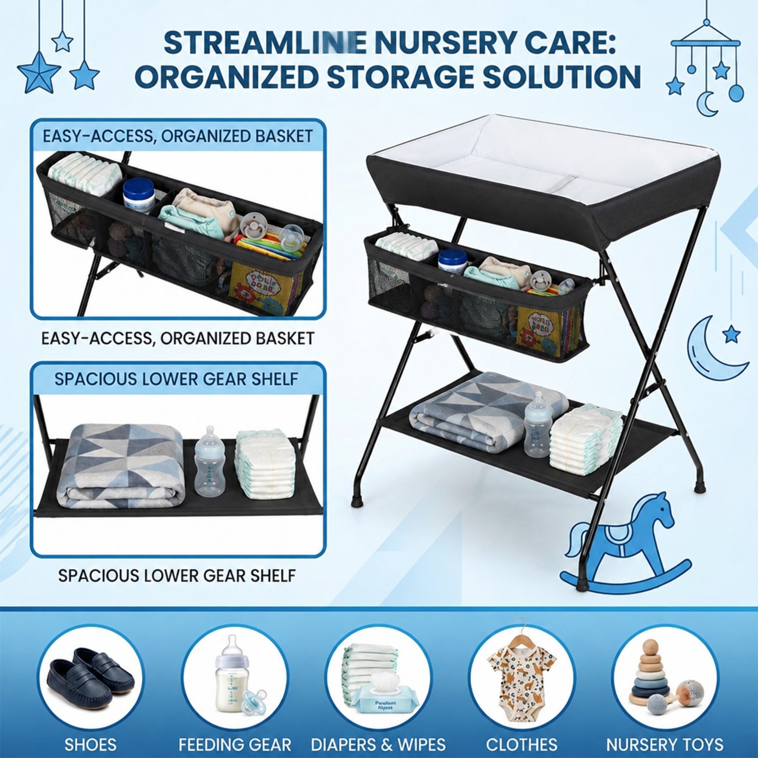 Portable Foldable Baby Change Table with Storage Basket and Shelf Nursery