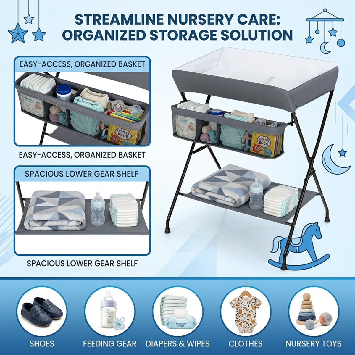 Portable Foldable Baby Change Table with Storage Basket and Shelf Nursery