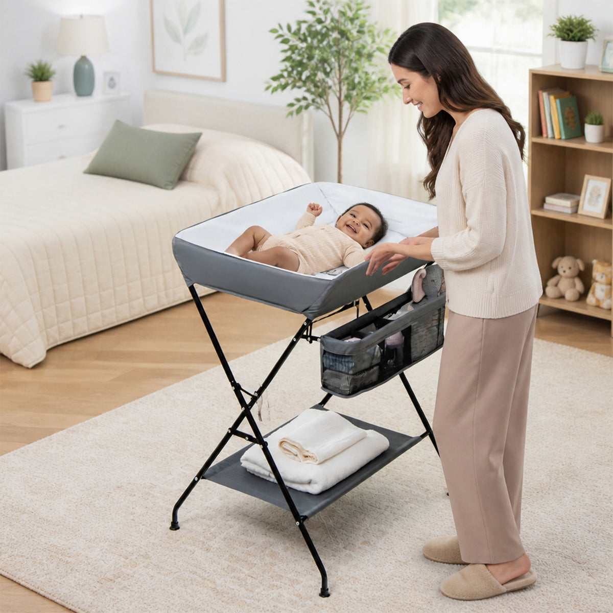 Portable Foldable Baby Change Table with Storage Basket and Shelf Nursery