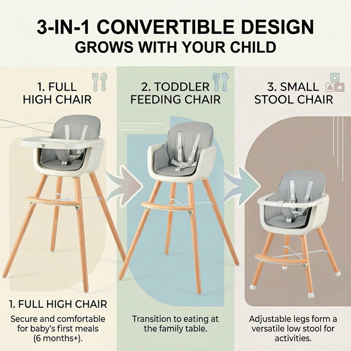3 in 1 Convertible Wooden Baby High Chair Toddler Feeding Seat Removable Tray