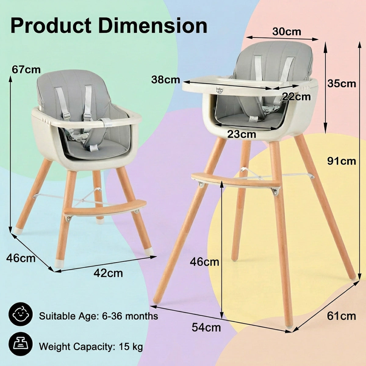 3 in 1 Convertible Wooden Baby High Chair Toddler Feeding Seat Removable Tray