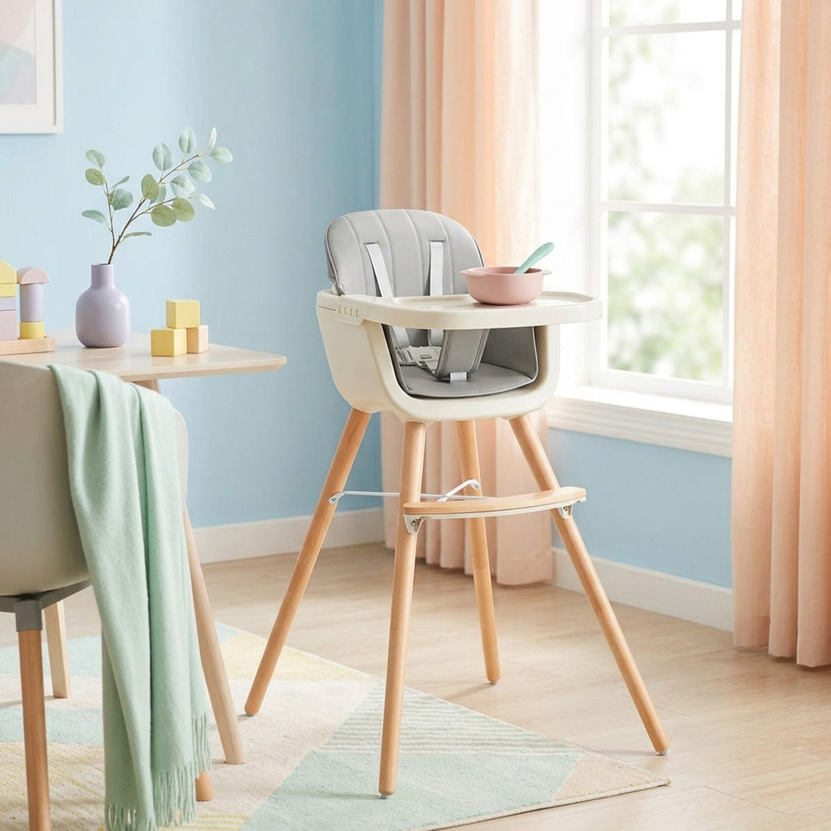 3 in 1 Convertible Wooden Baby High Chair Toddler Feeding Seat Removable Tray