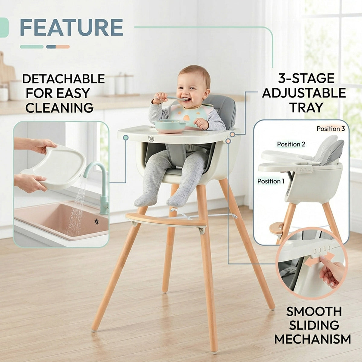 3 in 1 Convertible Wooden Baby High Chair Toddler Feeding Seat Removable Tray