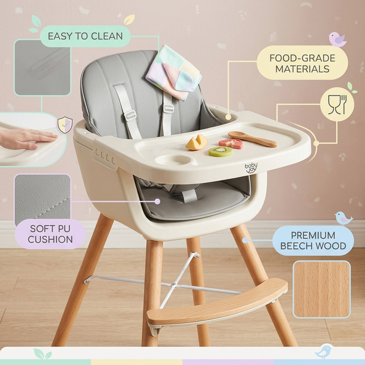 3 in 1 Convertible Wooden Baby High Chair Toddler Feeding Seat Removable Tray