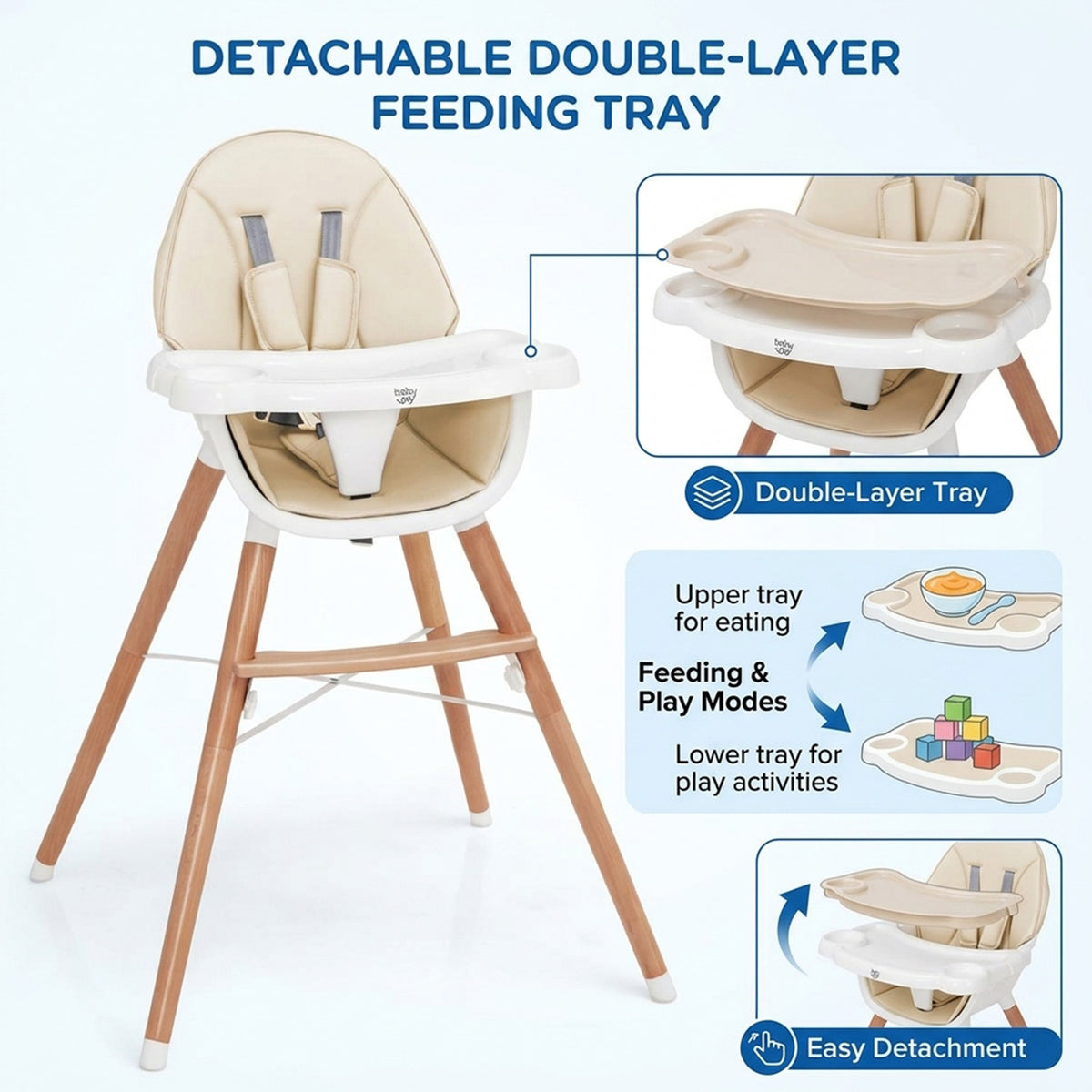 Wooden Baby High Chair Adjustable Double 4-Gear Tray Toddler Feeding Seat