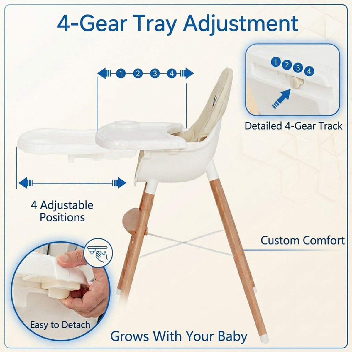 Wooden Baby High Chair Adjustable Double 4-Gear Tray Toddler Feeding Seat