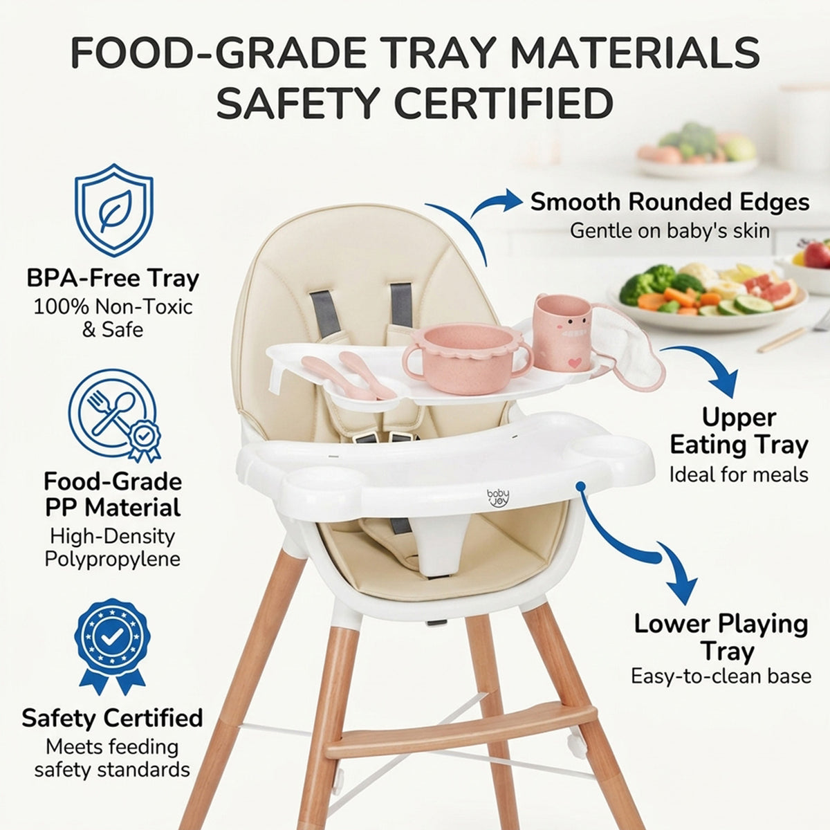 Wooden Baby High Chair Adjustable Double 4-Gear Tray Toddler Feeding Seat