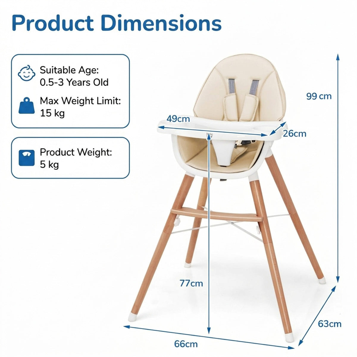 Wooden Baby High Chair Adjustable Double 4-Gear Tray Toddler Feeding Seat