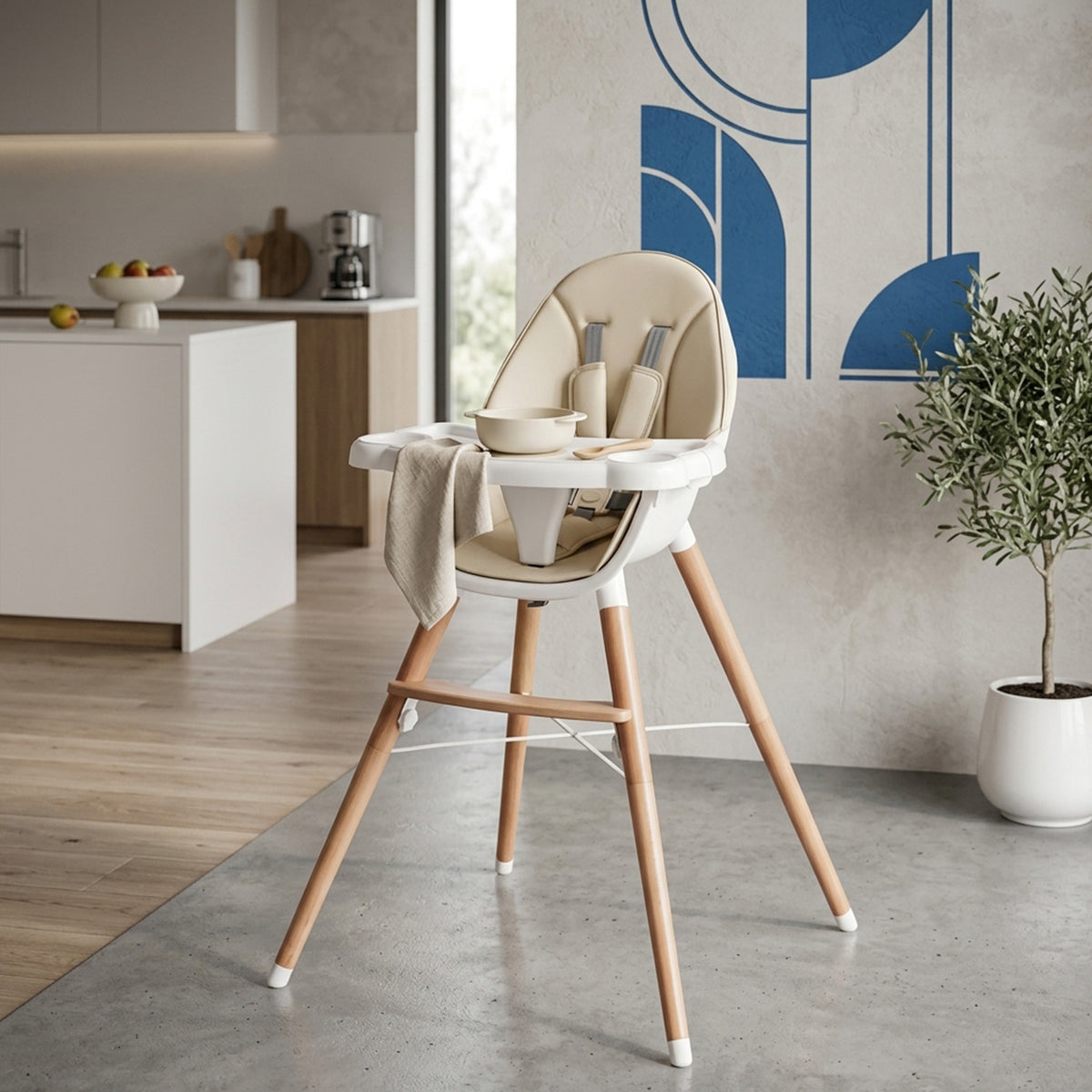 Wooden Baby High Chair Adjustable Double 4-Gear Tray Toddler Feeding Seat
