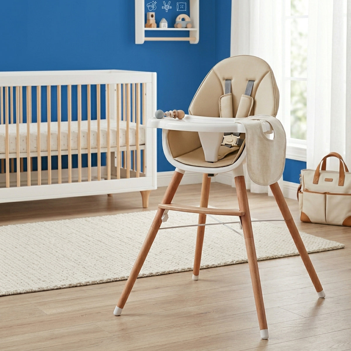 Wooden Baby High Chair Adjustable Double 4-Gear Tray Toddler Feeding Seat