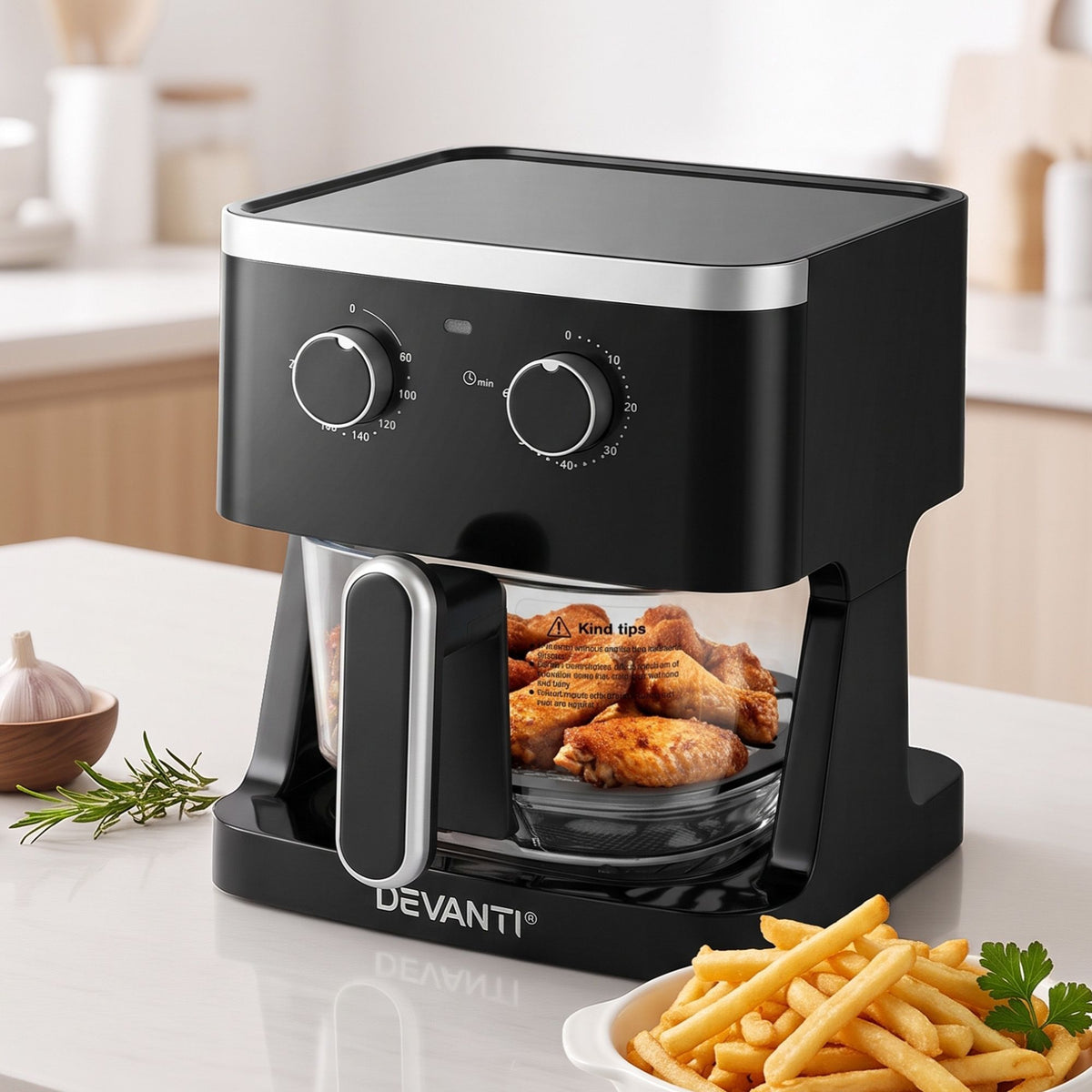 Devanti 4.5L Glass Air Fryer Oven Knob Control 1350W Healthy Cooker Black
