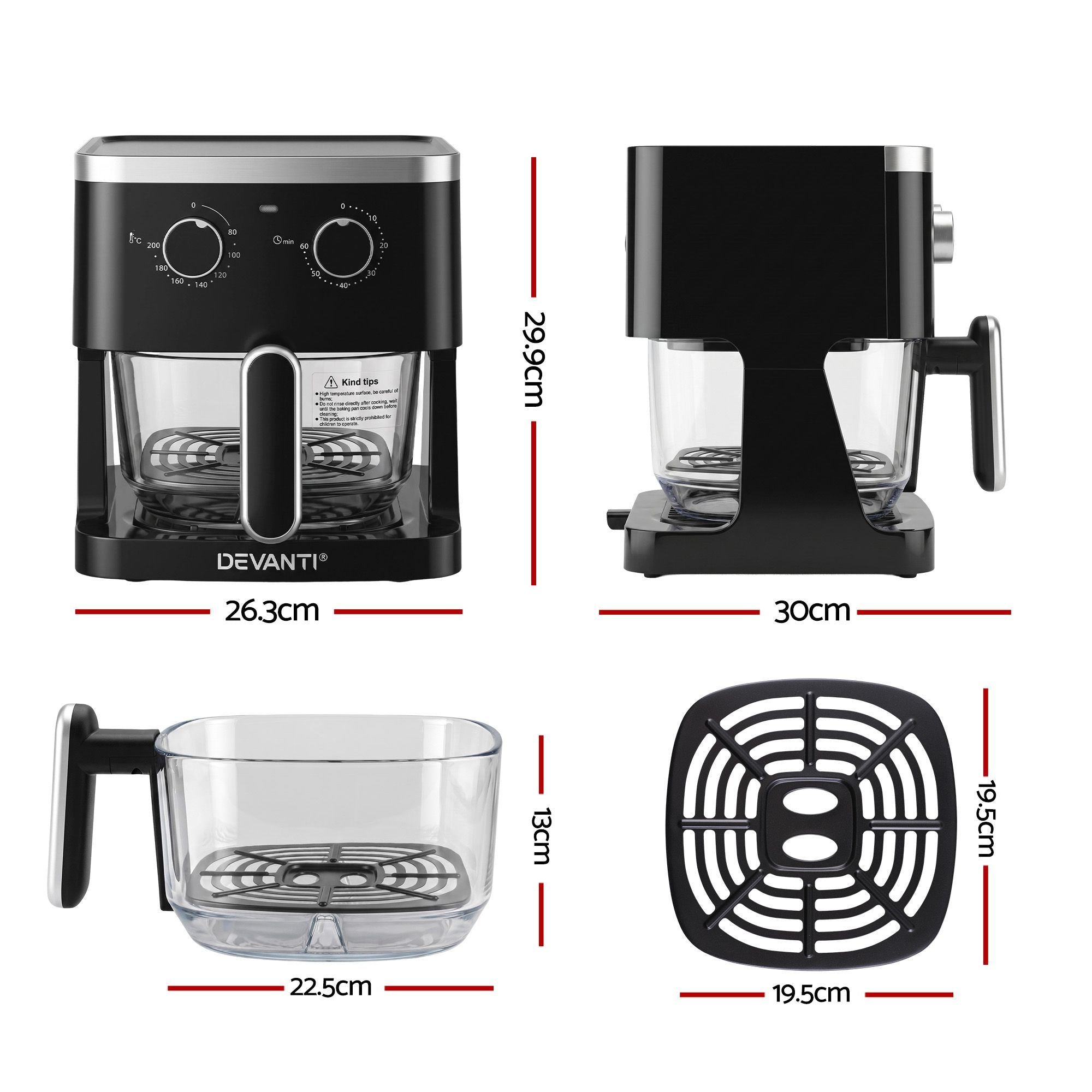 Devanti 4.5L Glass Air Fryer Oven Knob Control 1350W Healthy Cooker Black