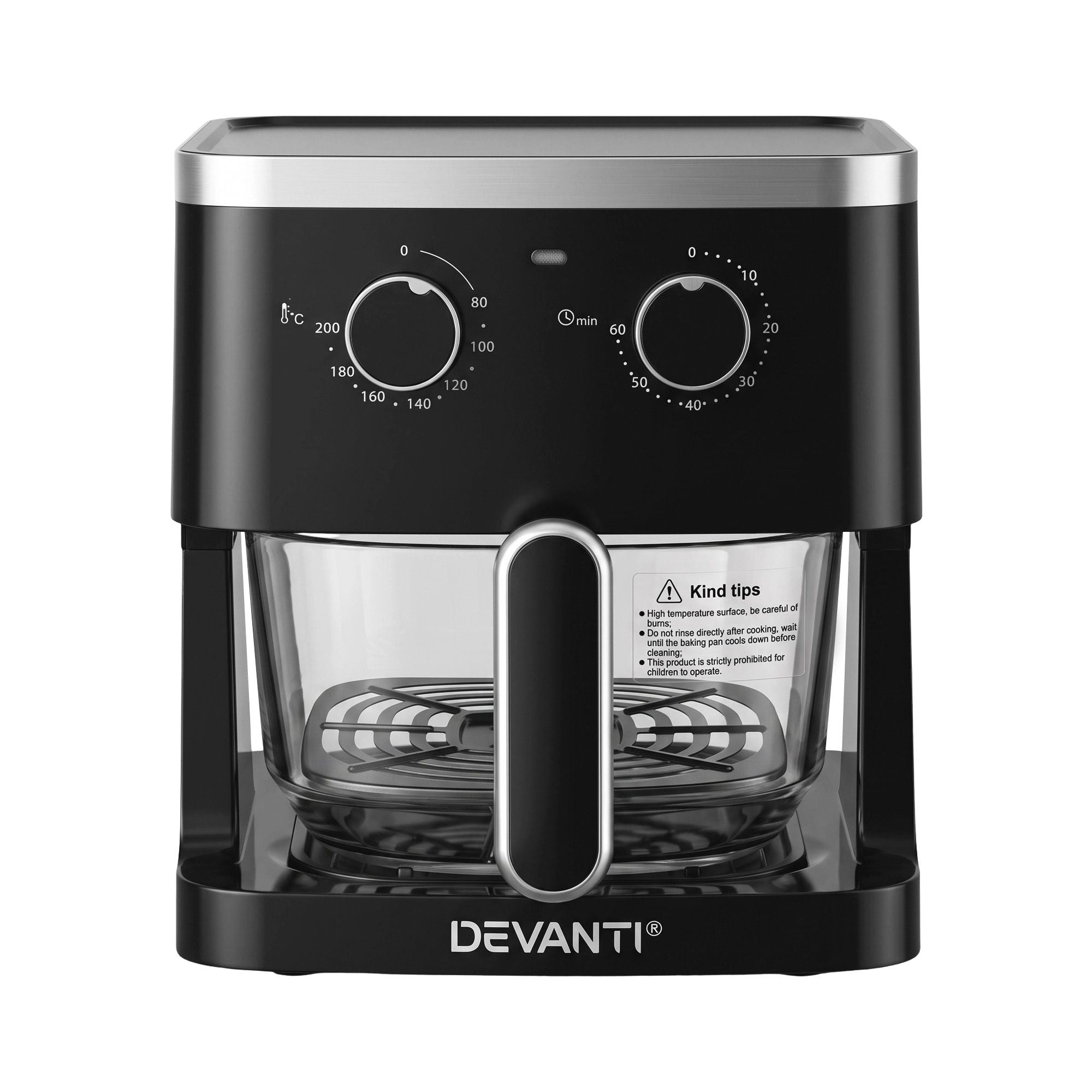 Devanti 4.5L Glass Air Fryer Oven Knob Control 1350W Healthy Cooker Black
