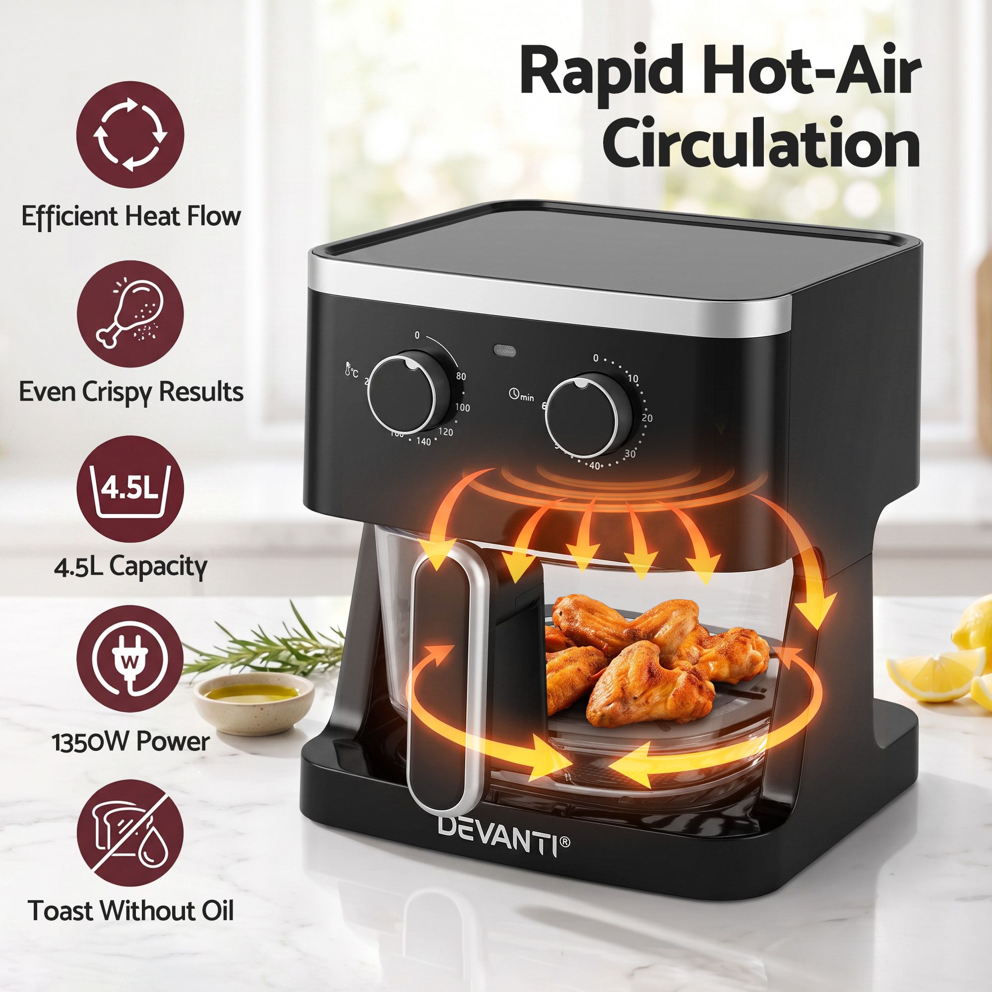 Devanti 4.5L Glass Air Fryer Oven Knob Control 1350W Healthy Cooker Black