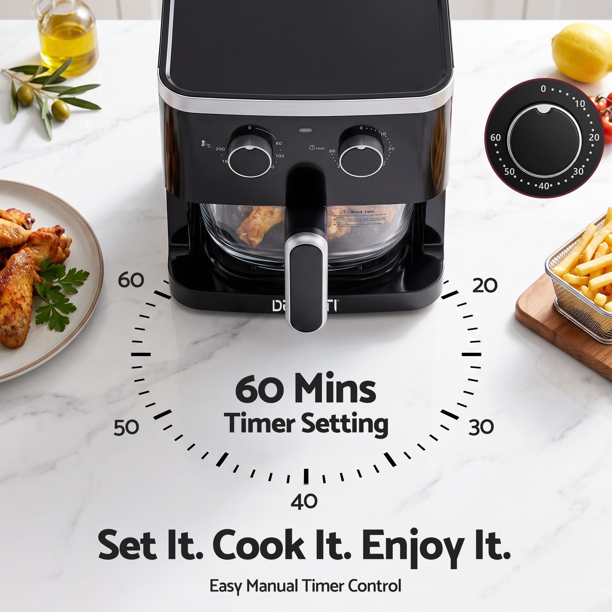 Devanti 4.5L Glass Air Fryer Oven Knob Control 1350W Healthy Cooker Black