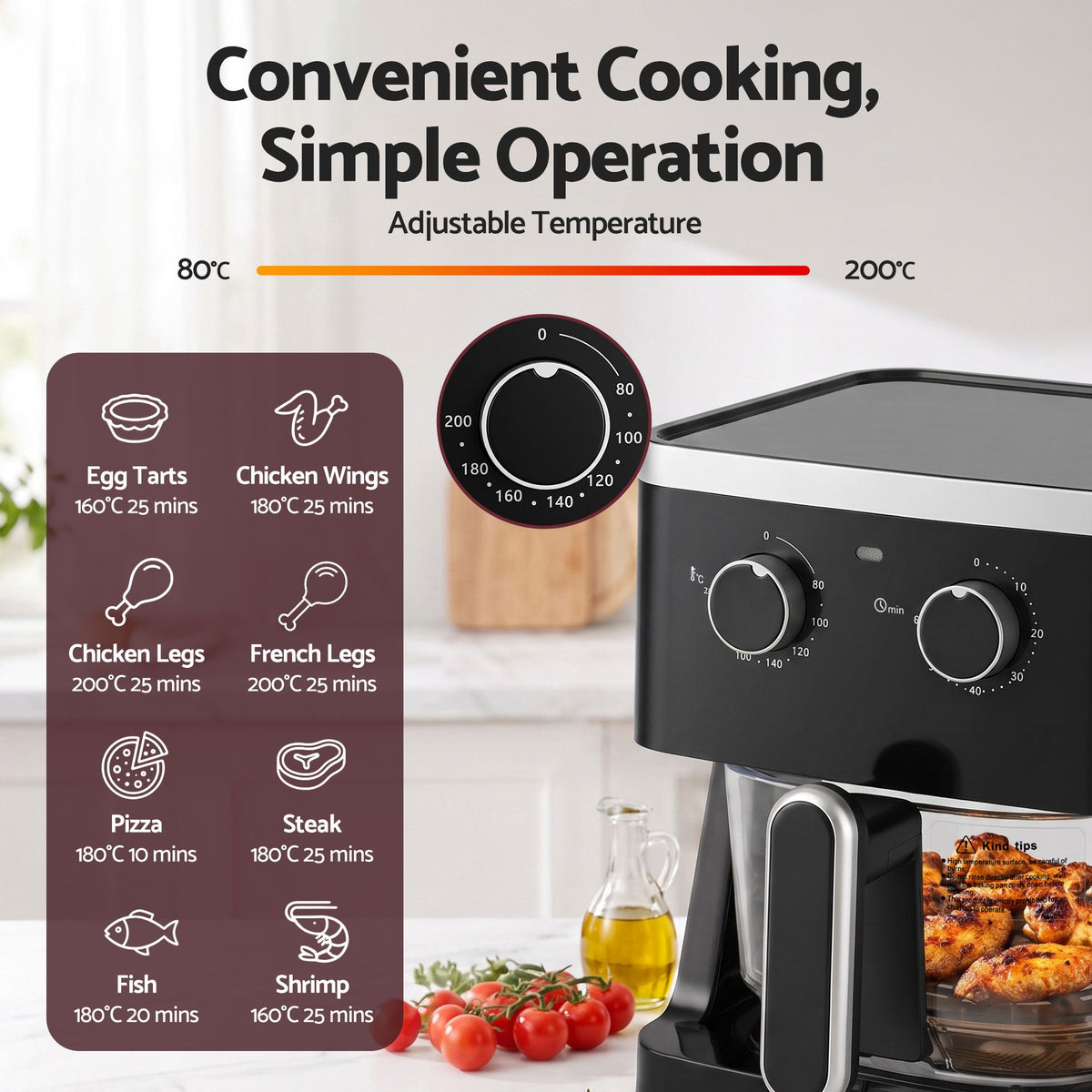 Devanti 4.5L Glass Air Fryer Oven Knob Control 1350W Healthy Cooker Black