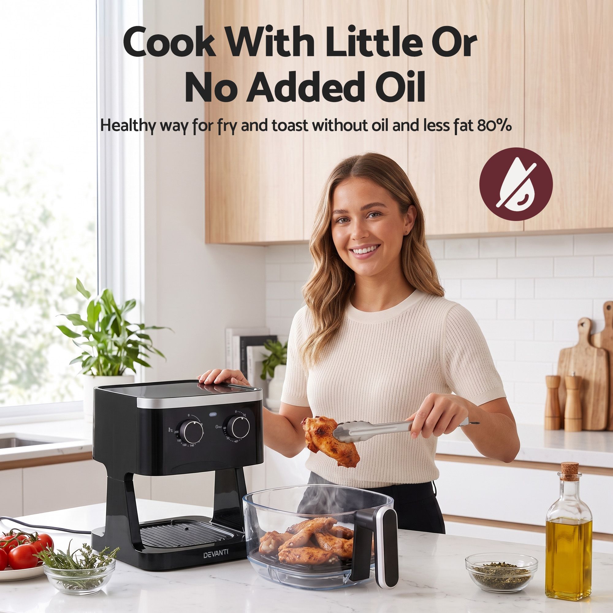 Devanti 4.5L Glass Air Fryer Oven Knob Control 1350W Healthy Cooker Black