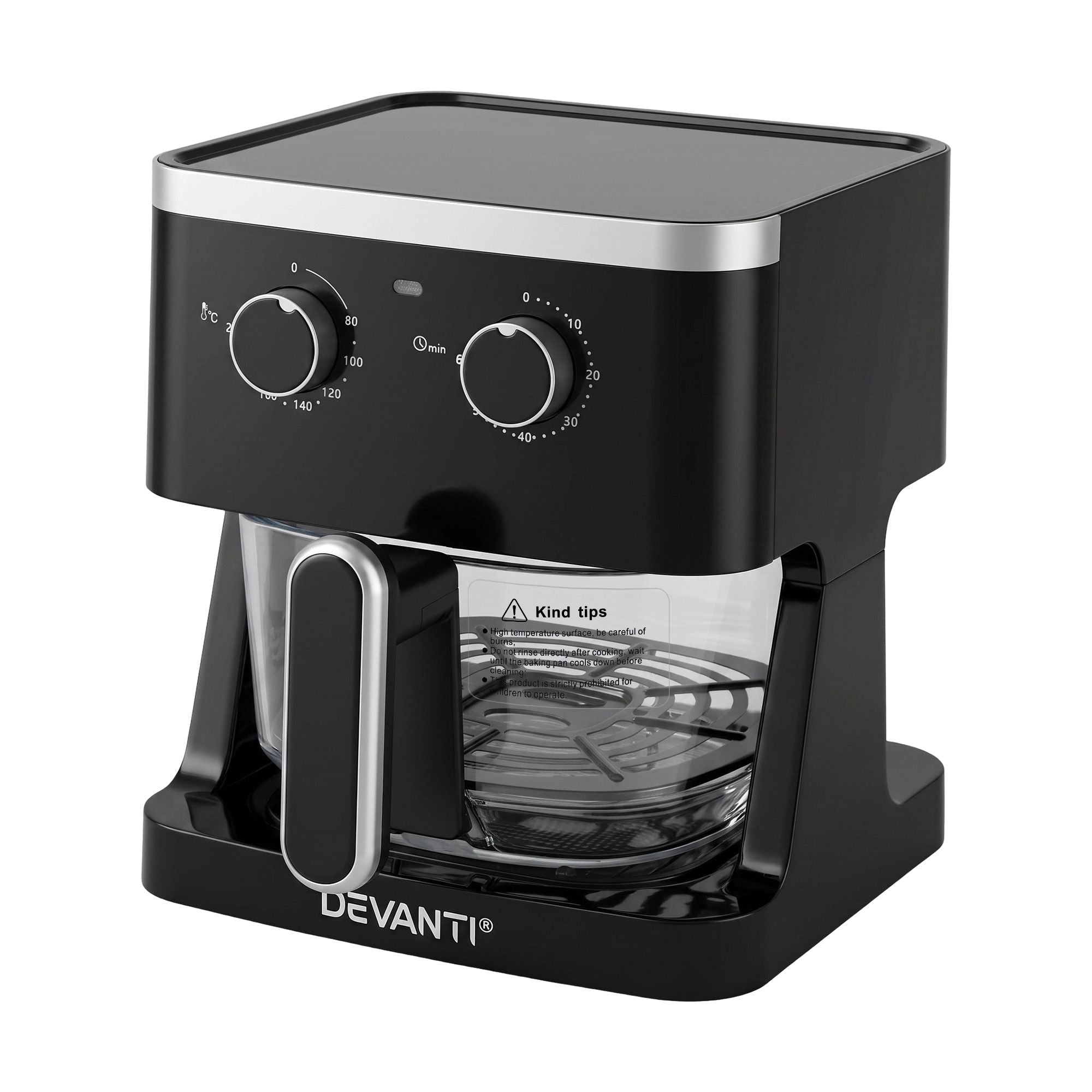 Devanti 4.5L Glass Air Fryer Oven Knob Control 1350W Healthy Cooker Black