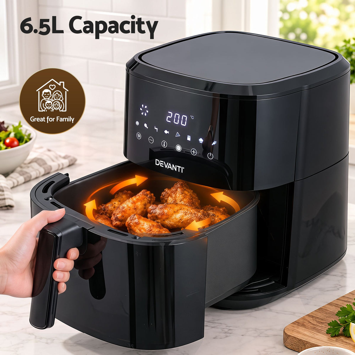 Devanti Air Fryer 6.5L 1700W Digital Touch 8 Presets Non-Stick Basket Black