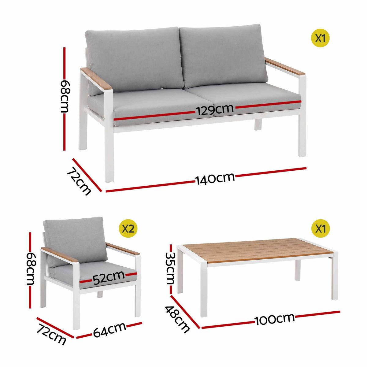 Gardeon 4-Piece Outdoor Sofa Set Aluminum Frame Table Chairs 150kg White