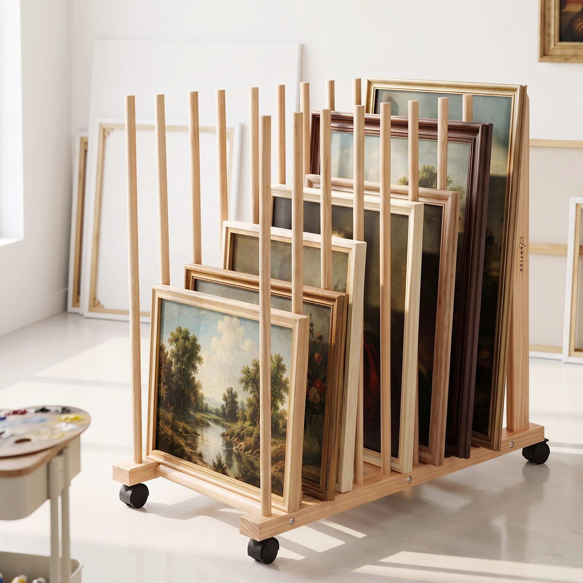 Artiss Art Drying & Storage Rack Caster Wheels Solid Wood Adjustable Slots Rack