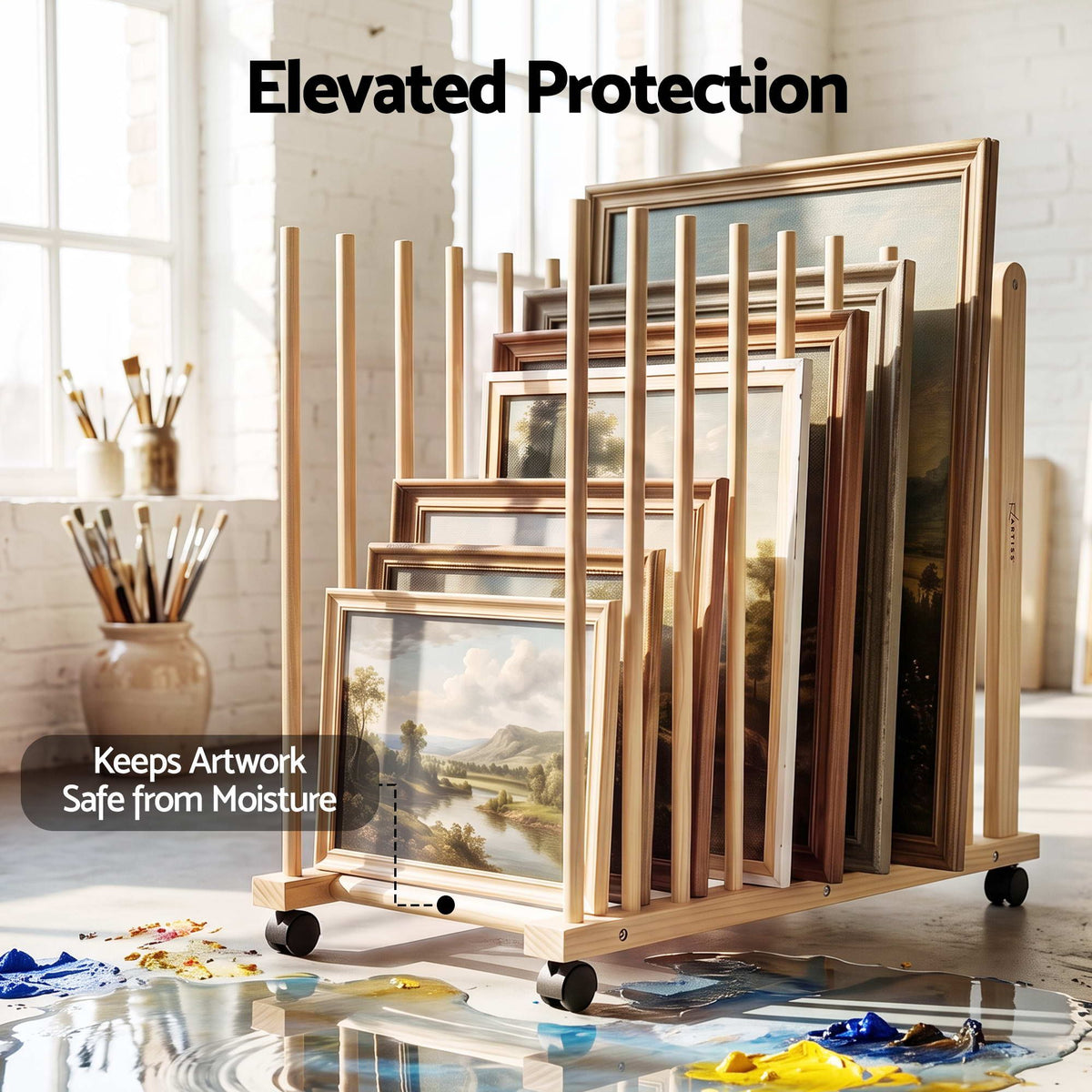 Artiss Art Drying & Storage Rack Caster Wheels Solid Wood Adjustable Slots Rack