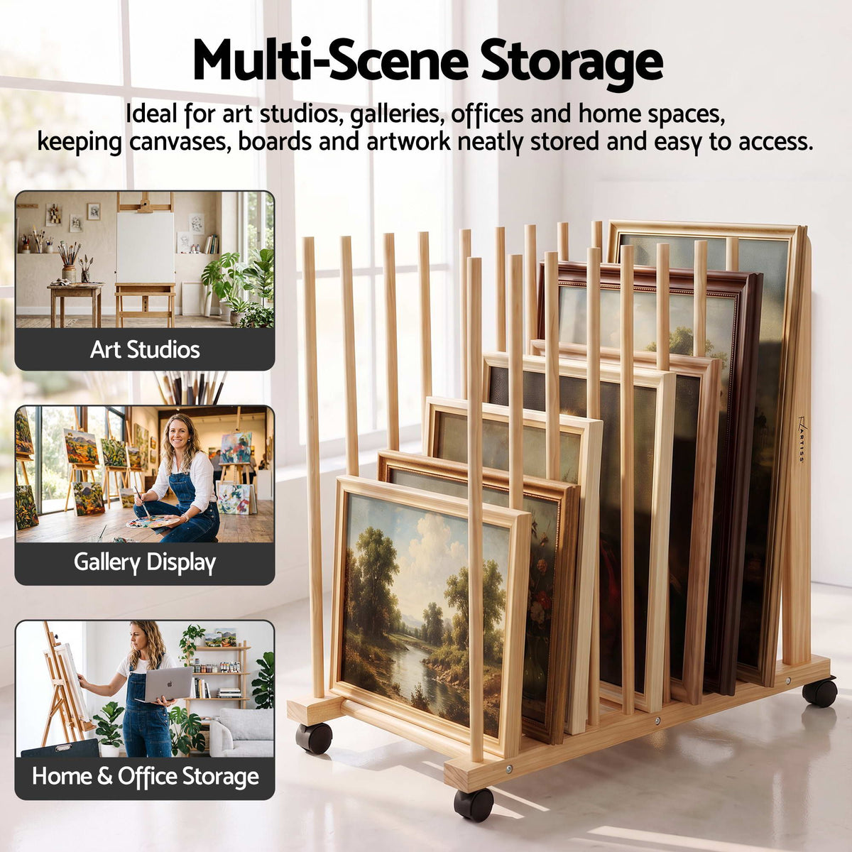 Artiss Art Drying & Storage Rack Caster Wheels Solid Wood Adjustable Slots Rack