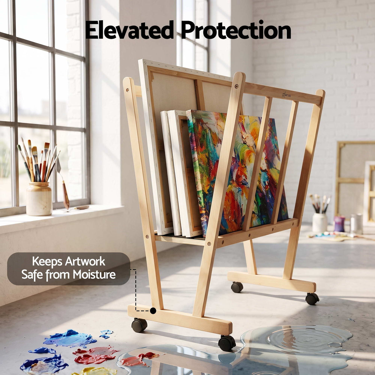 Artiss Art Display Wooden Print Rack Castors Canvas Drying & Storage Rack Panels
