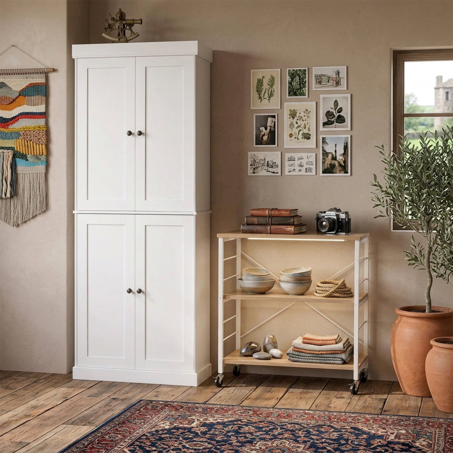 Kitchen Pantry Cabinet 4 Door & 3 Tier Rolling Storage Cart Combo Set White