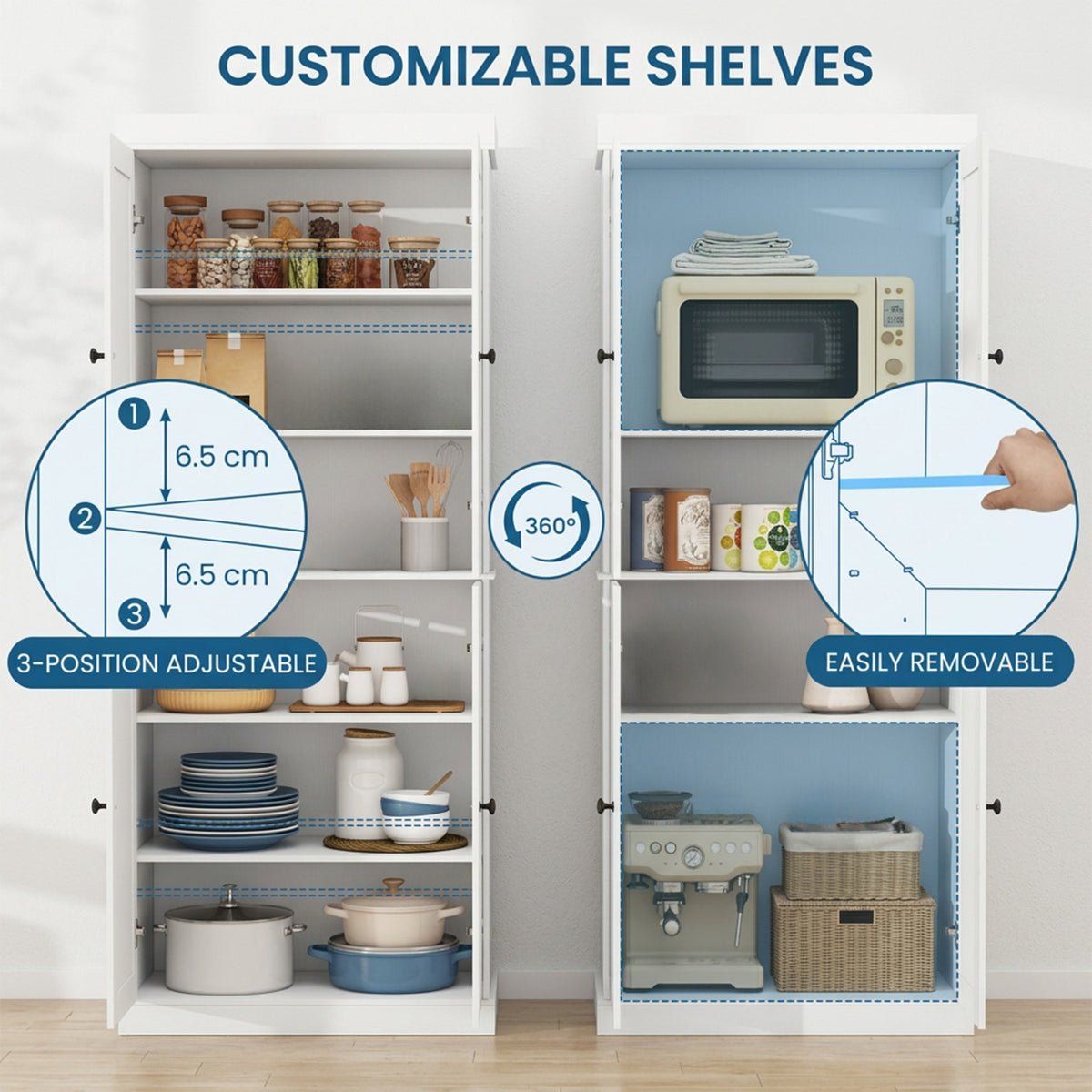 Kitchen Pantry Cabinet 4 Door & 3 Tier Rolling Storage Cart Combo Set White