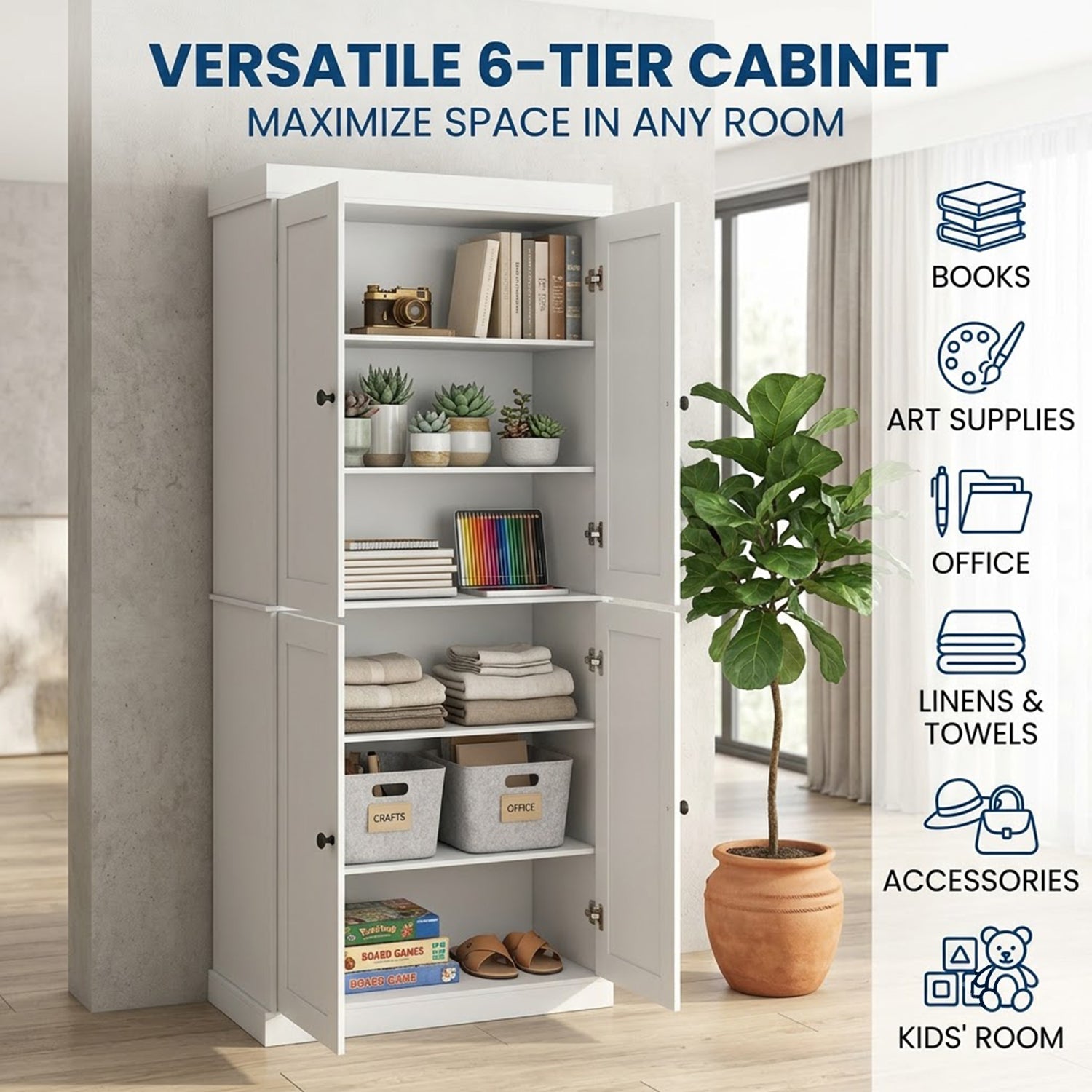 Kitchen Pantry Cabinet 4 Door & 3 Tier Rolling Storage Cart Combo Set White