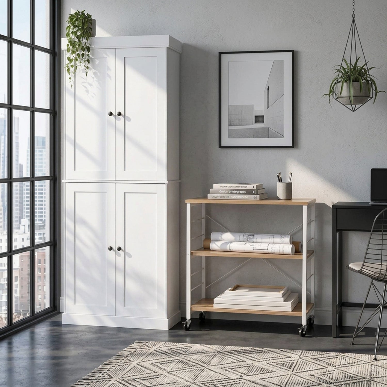 Kitchen Pantry Cabinet 4 Door & 3 Tier Rolling Storage Cart Combo Set White