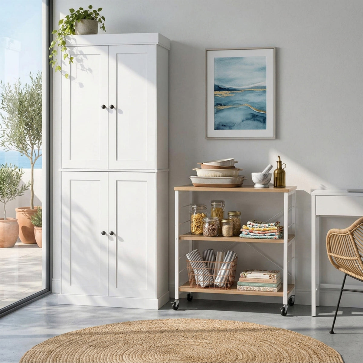 Kitchen Pantry Cabinet 4 Door & 3 Tier Rolling Storage Cart Combo Set White