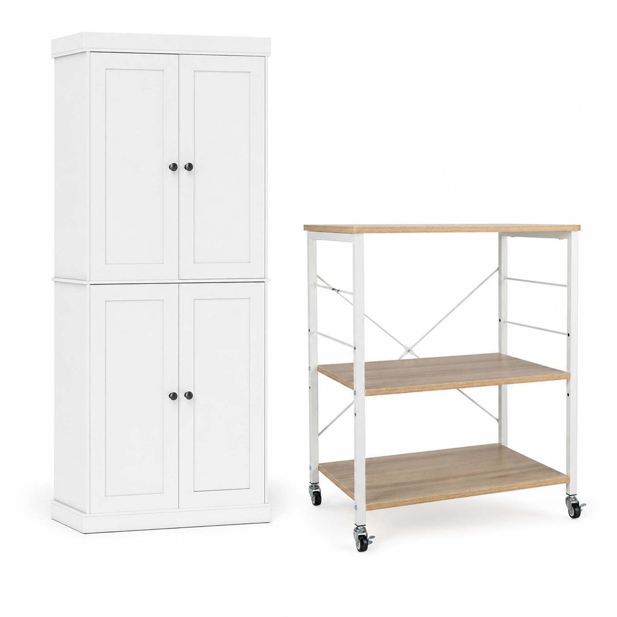 Kitchen Pantry Cabinet 4 Door & 3 Tier Rolling Storage Cart Combo Set White