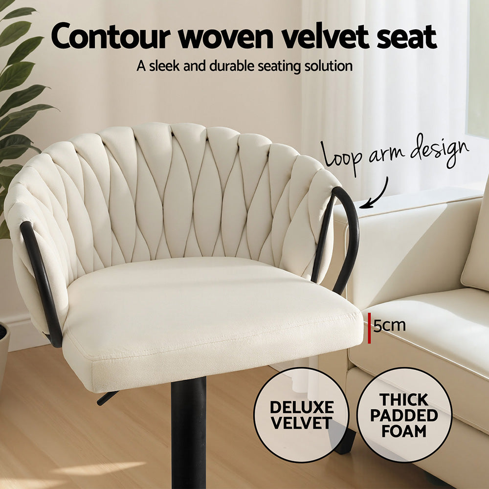 Artiss Bar Stool x4 Kitchen Dining Chair Counter Gaslift Woven Velvet Ivory